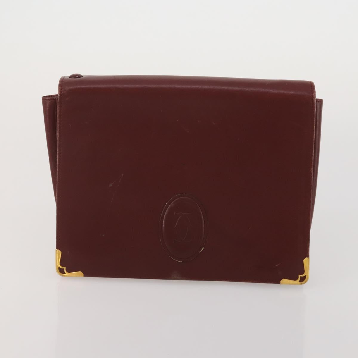 CARTIER Clutch Bag Leather 3 Set Bordeaux Gold Tone Auth CB311