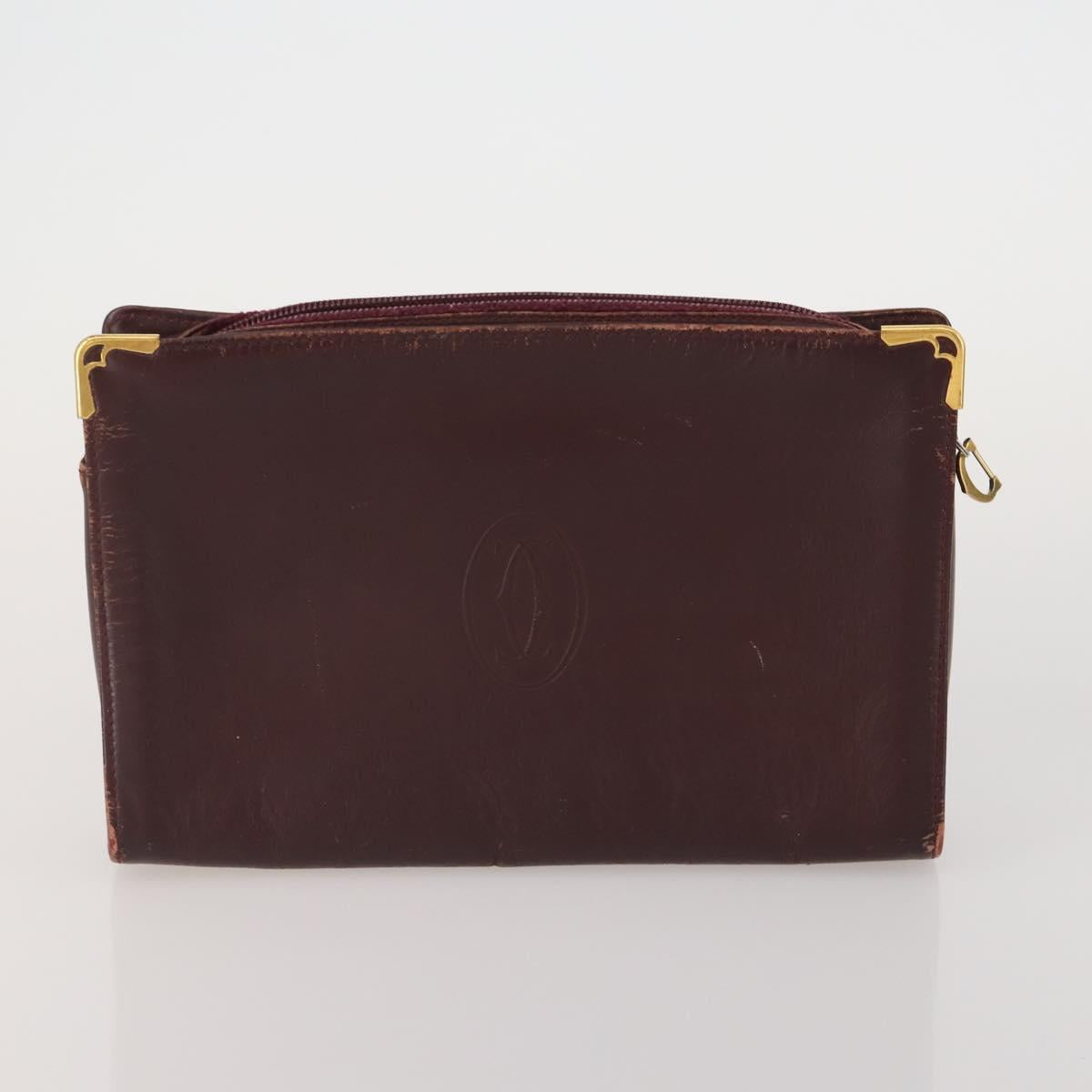 CARTIER Clutch Bag Leather 3 Set Bordeaux Gold Tone Auth CB311