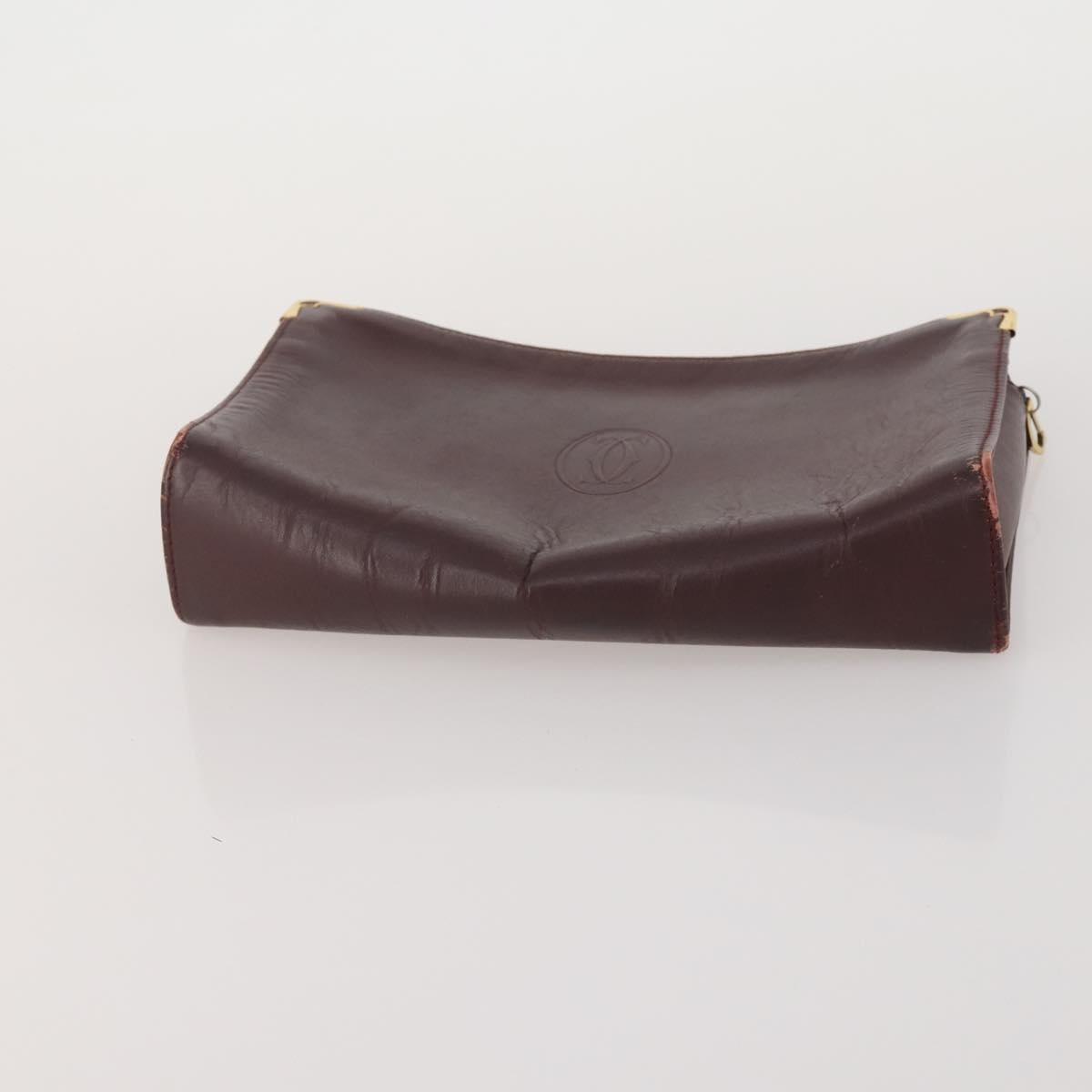 CARTIER Clutch Bag Leather 3 Set Bordeaux Gold Tone Auth CB311