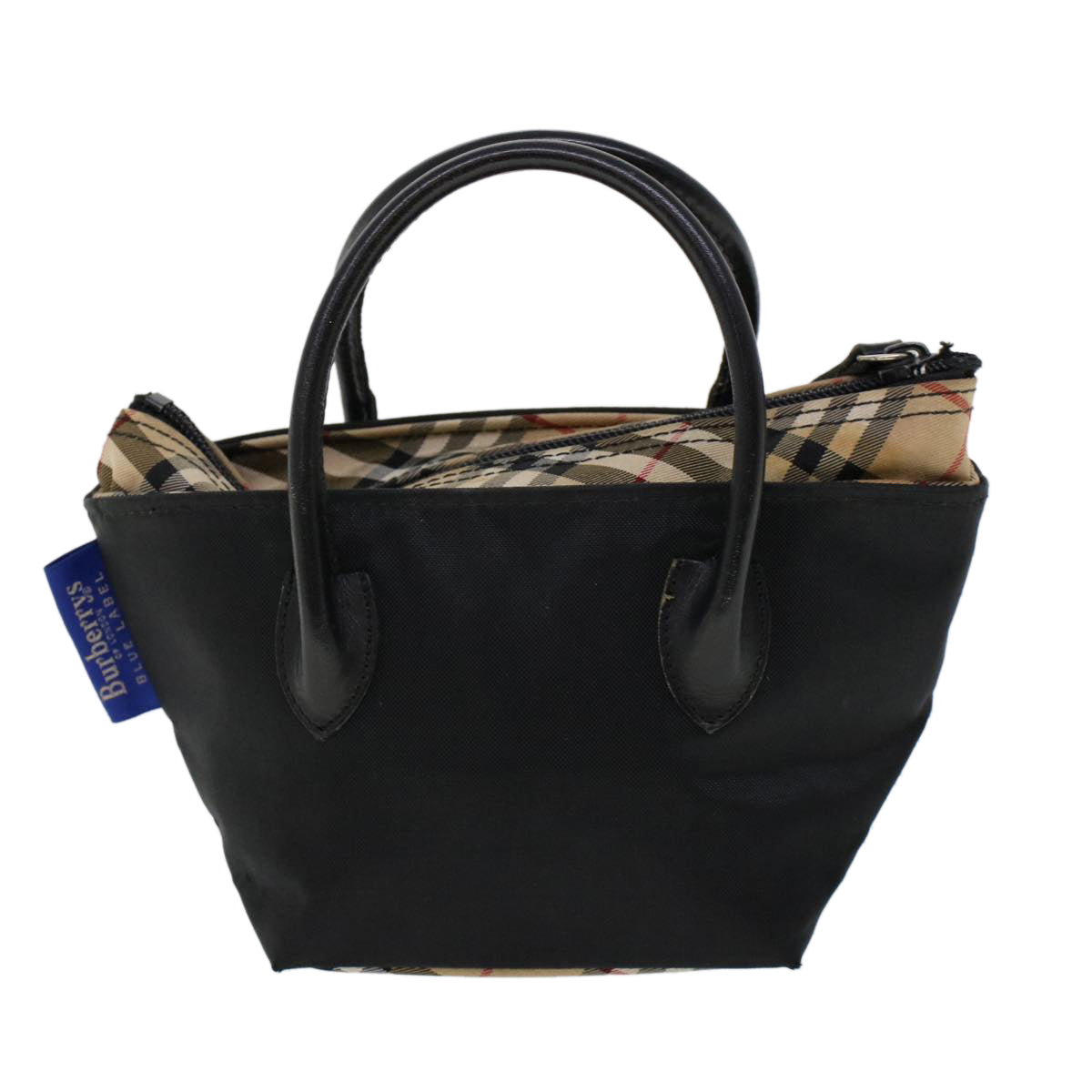 Burberrys Nova Check Blue Label Mini Hand Bag Nylon Black Auth cl732