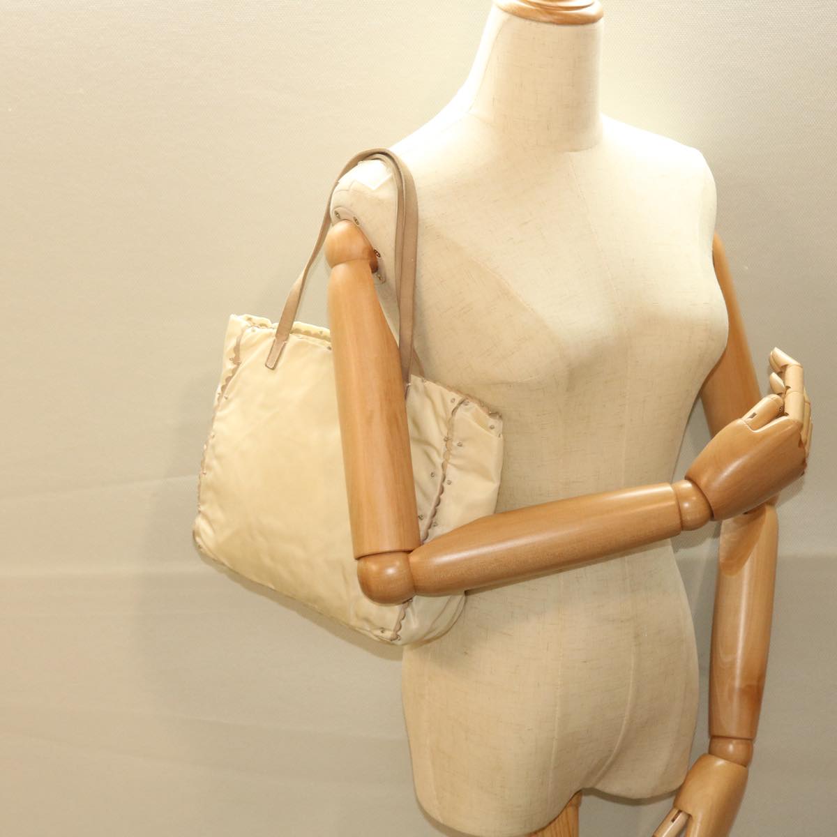 PRADA Tote Bag Nylon Beige Auth cl759