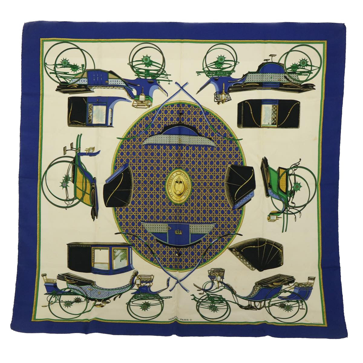 HERMES Carre 90 LES VOITURES A TRANSFORMATION Scarf Silk Blue Auth cl780