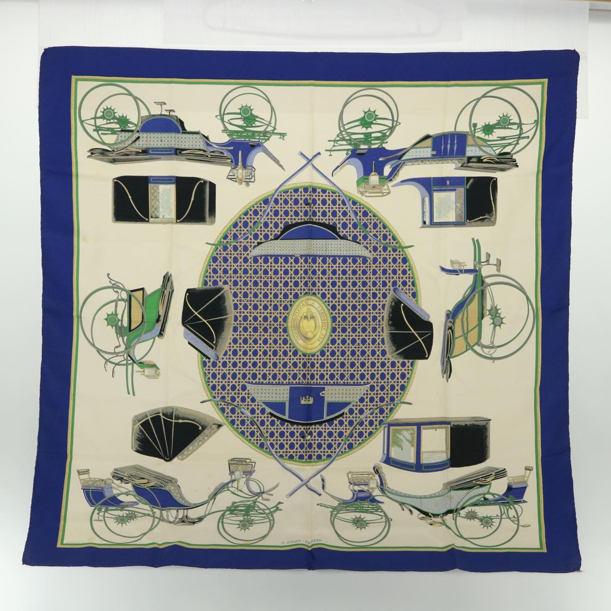 HERMES Carre 90 LES VOITURES A TRANSFORMATION Scarf Silk Blue Auth cl780