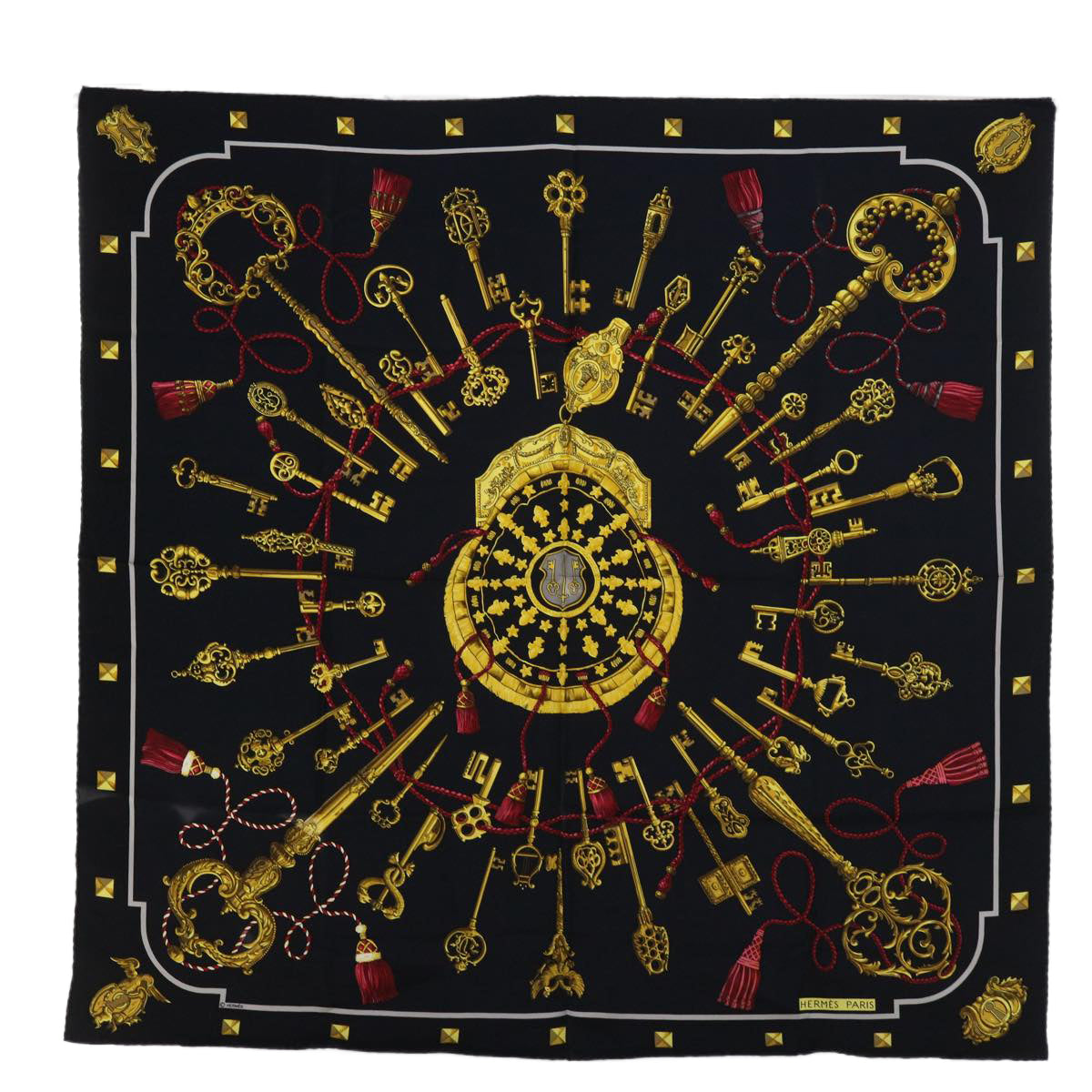 HERMES Carre 90 LES CLES Scarf Silk Black Auth cl814