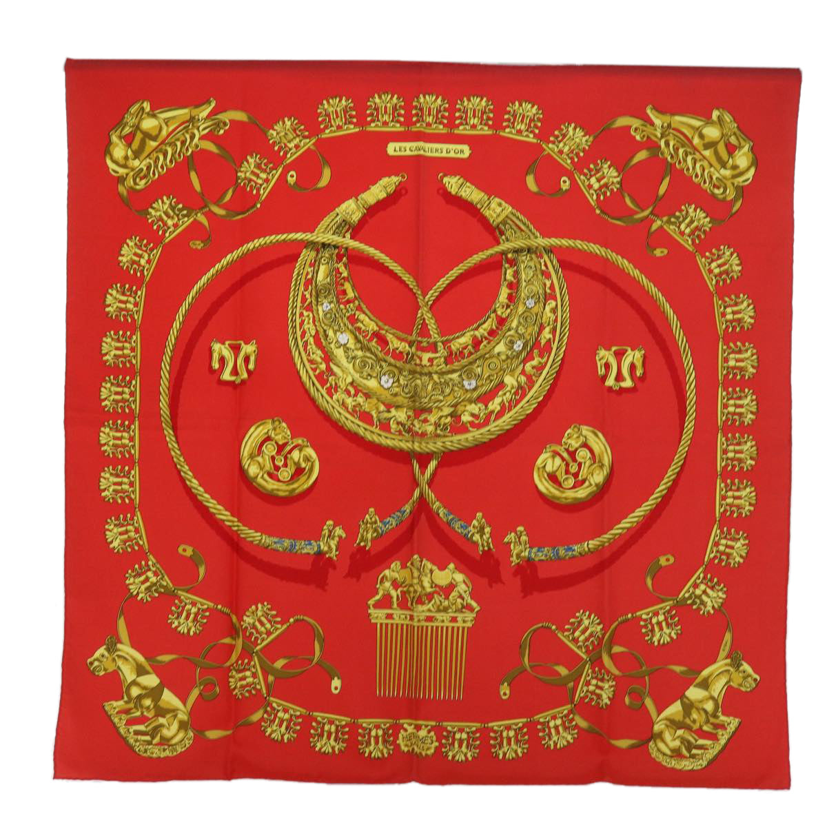 HERMES Carre 90 LES CAVAL D'OR Scarf Silk Red Auth cl815