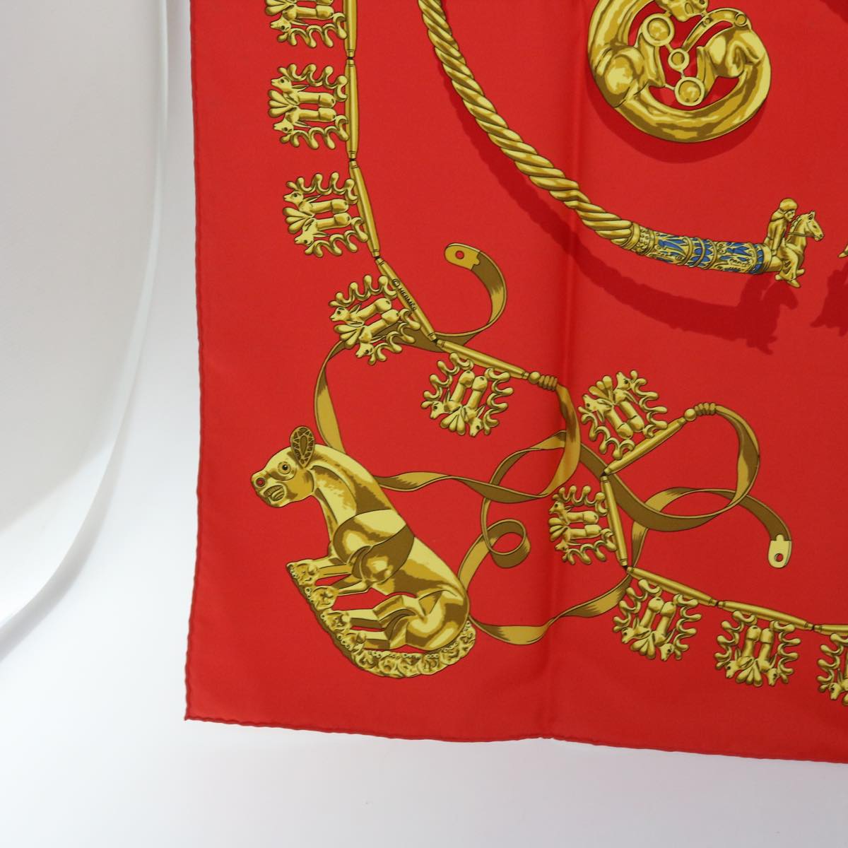 HERMES Carre 90 LES CAVAL D'OR Scarf Silk Red Auth cl815