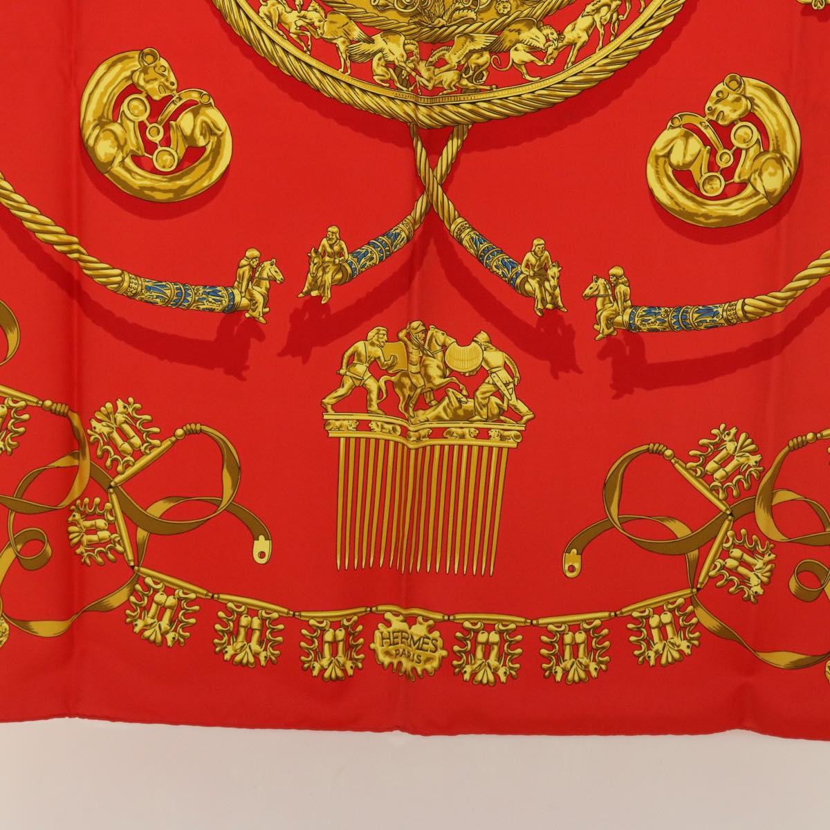 HERMES Carre 90 LES CAVAL D'OR Scarf Silk Red Auth cl815