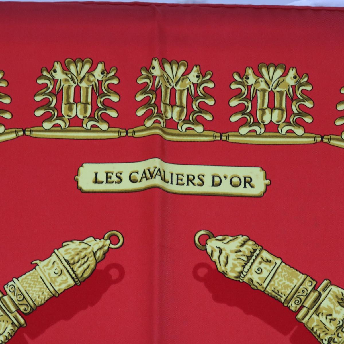 HERMES Carre 90 LES CAVAL D'OR Scarf Silk Red Auth cl815