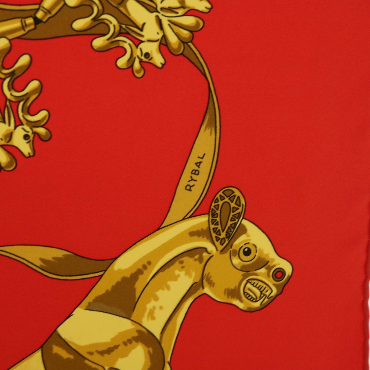 HERMES Carre 90 LES CAVAL D'OR Scarf Silk Red Auth cl815