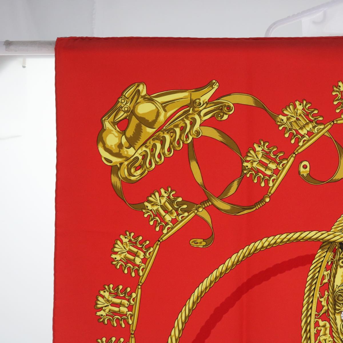 HERMES Carre 90 LES CAVAL D'OR Scarf Silk Red Auth cl815