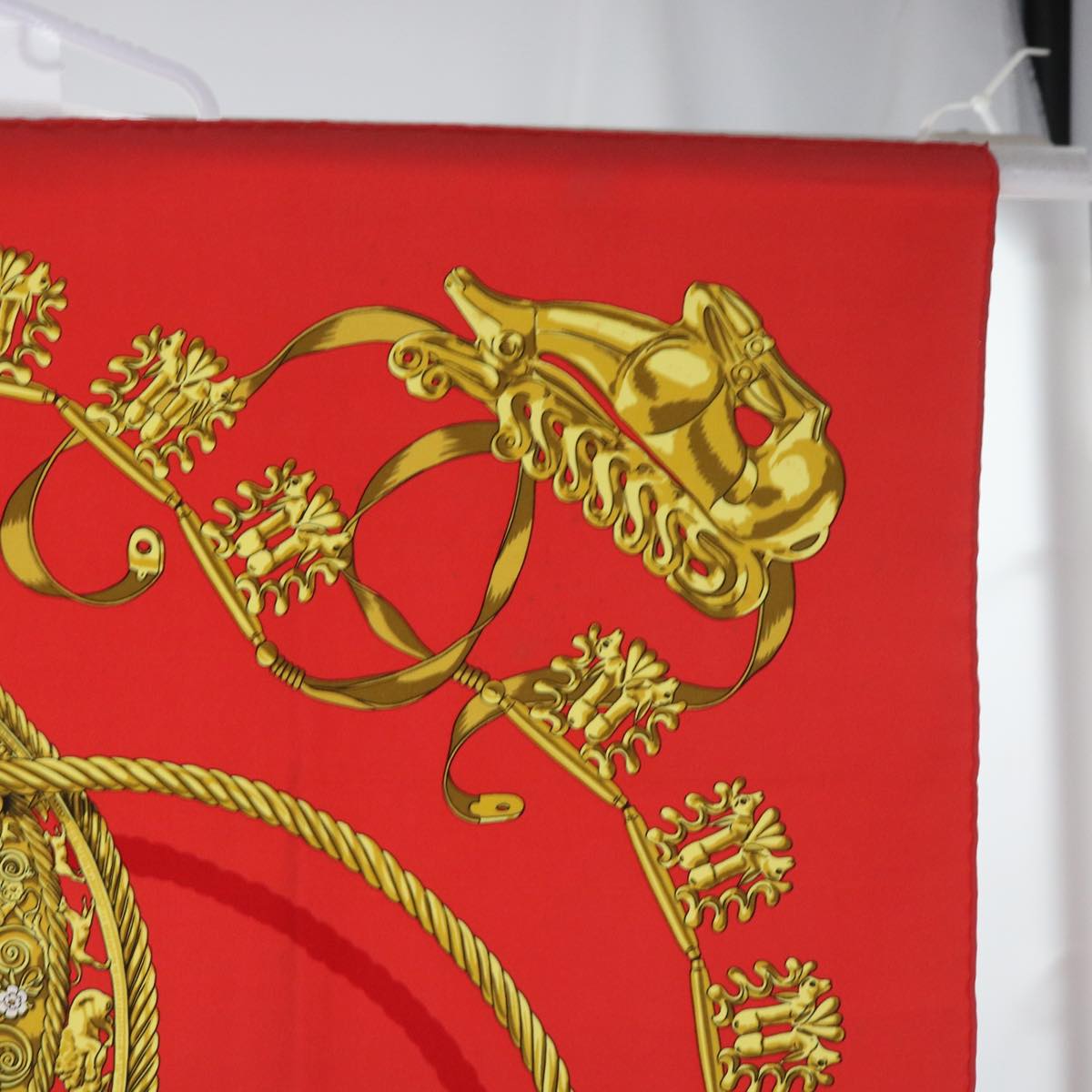 HERMES Carre 90 LES CAVAL D'OR Scarf Silk Red Auth cl815