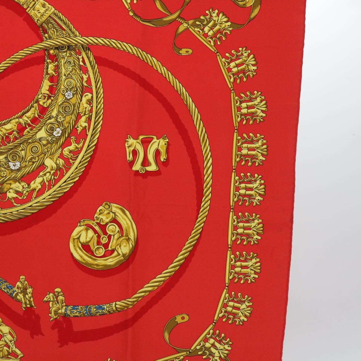 HERMES Carre 90 LES CAVAL D'OR Scarf Silk Red Auth cl815