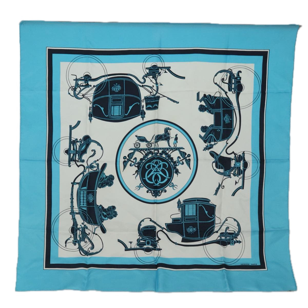 HERMES Carre 90 Scarf ""Ex-Libris"" Silk Blue Auth CL853