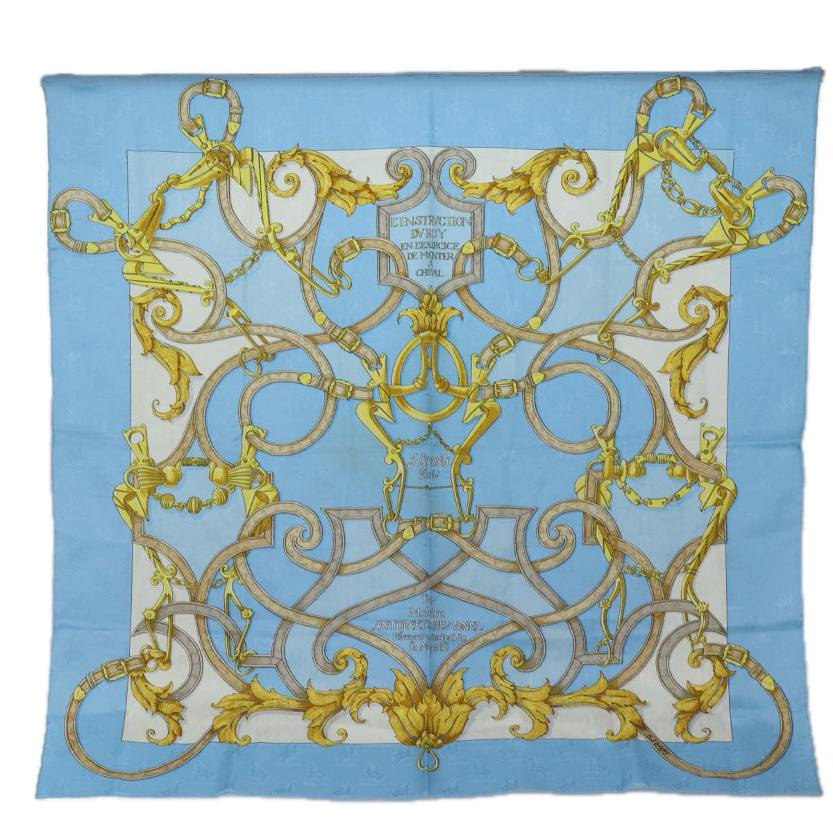 HERMES Carre 90 Scarf ""Par Mefsire ANTOINE DE PLVVINEL"" Silk Blue Auth cl854