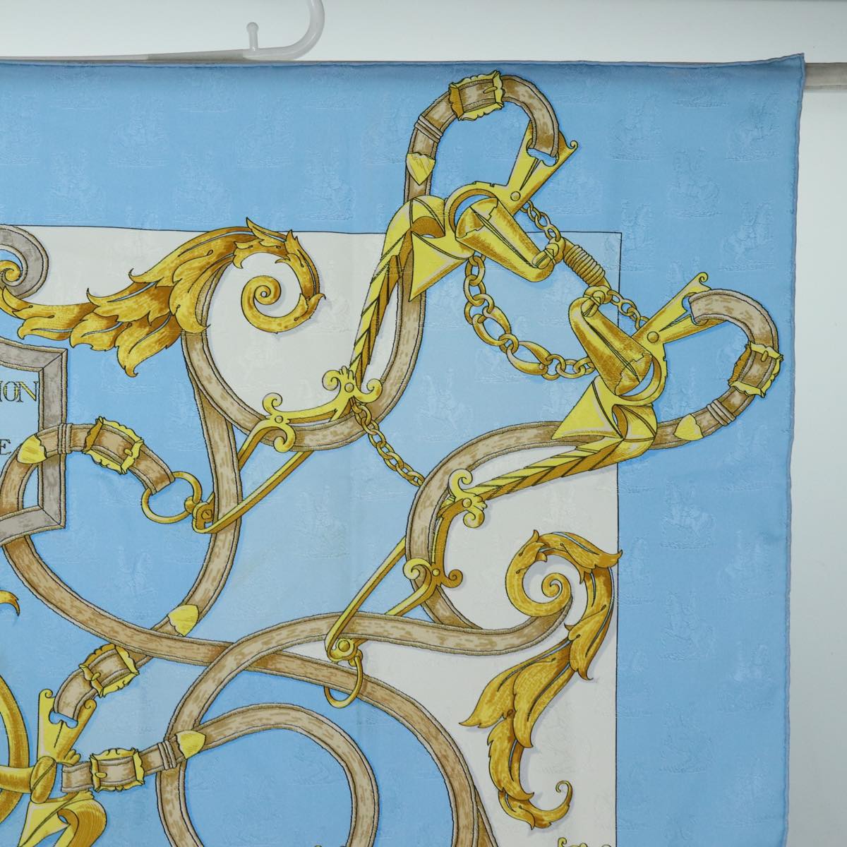 HERMES Carre 90 Scarf ""Par Mefsire ANTOINE DE PLVVINEL"" Silk Blue Auth cl854