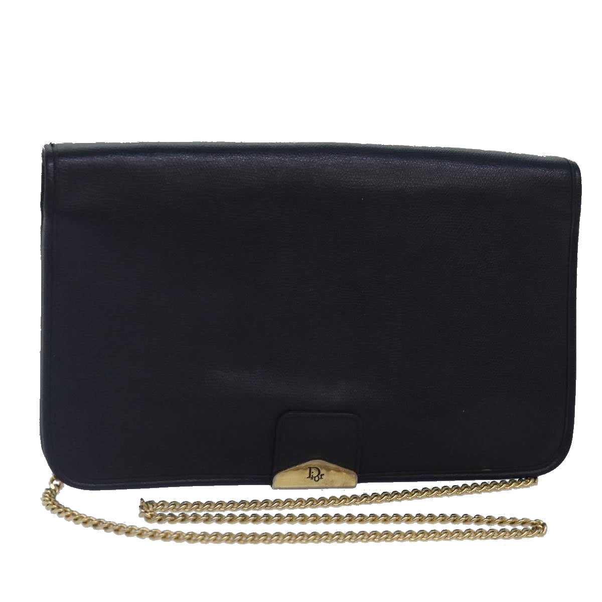 Christian Dior Chain Shoulder Bag Leather Navy Gold Auth cl860