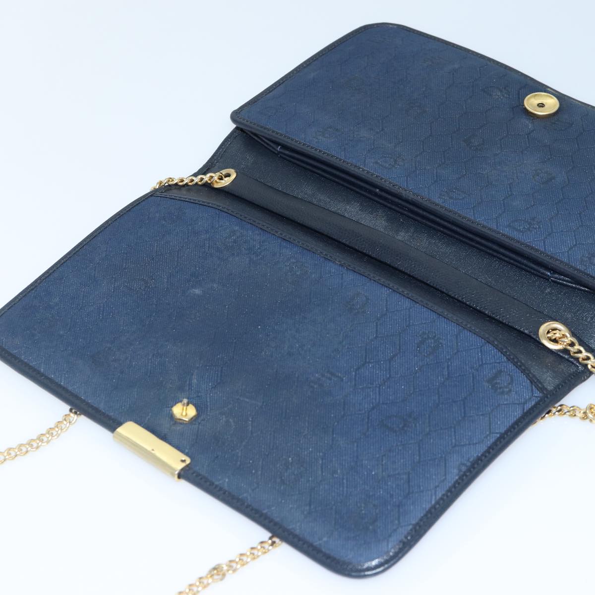 Christian Dior Chain Shoulder Bag Leather Navy Gold Auth cl860