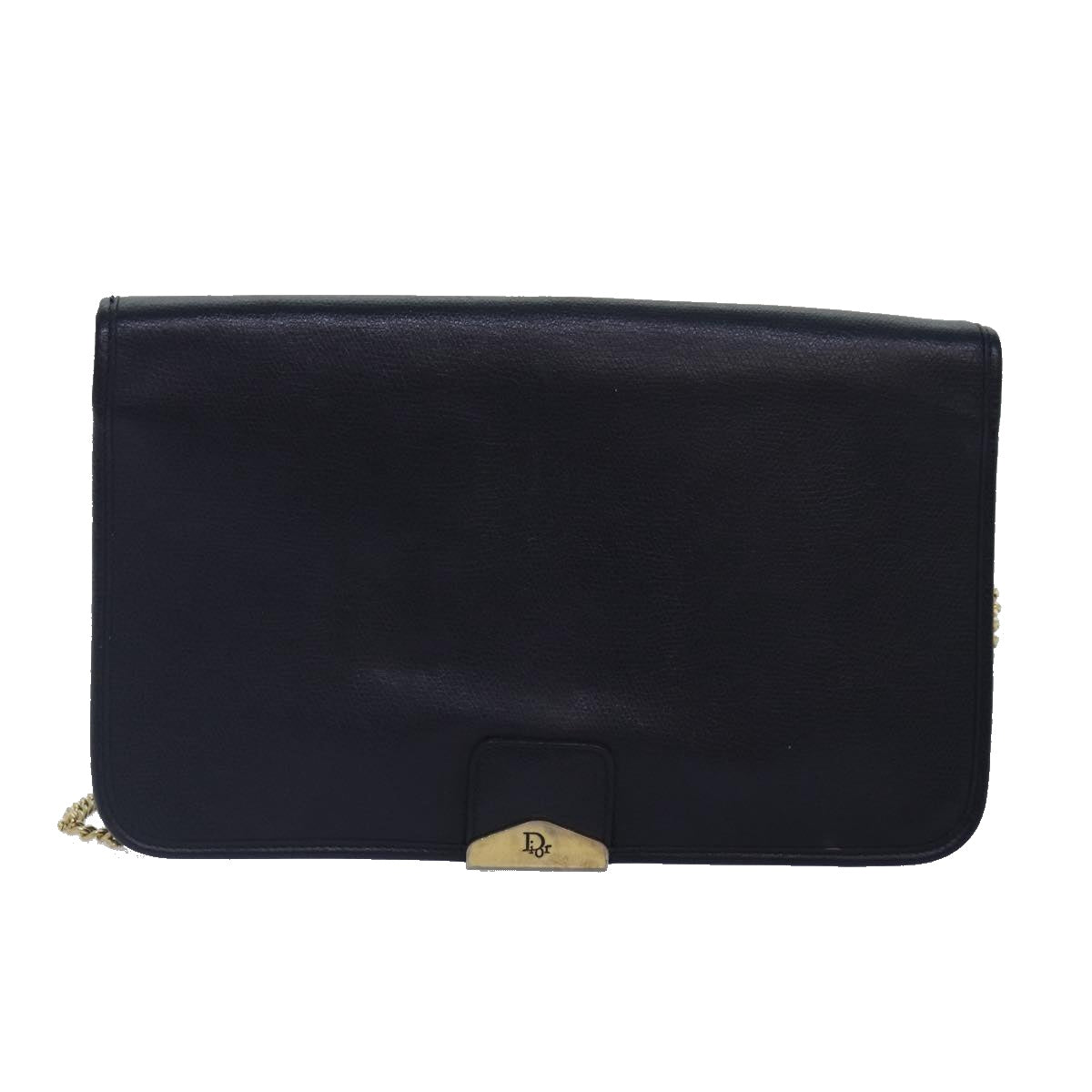 Christian Dior Chain Shoulder Bag Leather Navy Gold Auth cl860