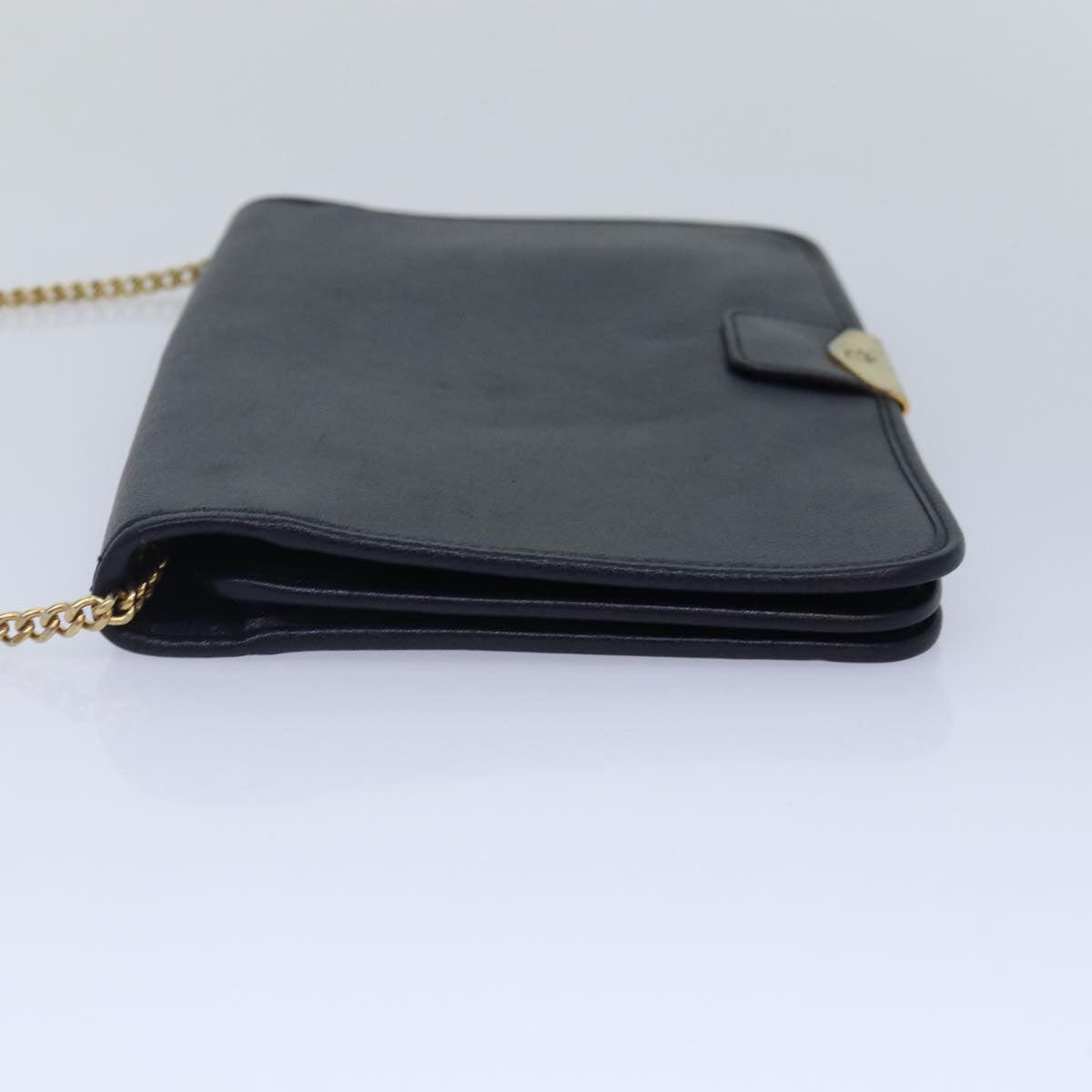 Christian Dior Chain Shoulder Bag Leather Navy Gold Auth cl860