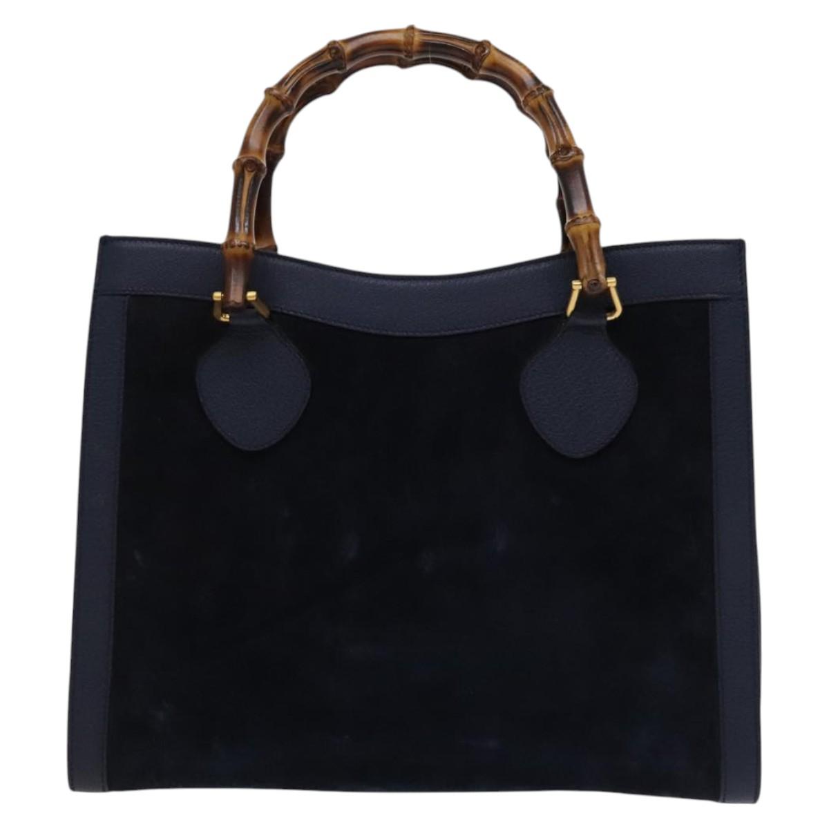 GUCCI Bamboo Hand Bag Suede Leather Navy Gold 002 0260 2615 Auth EC002