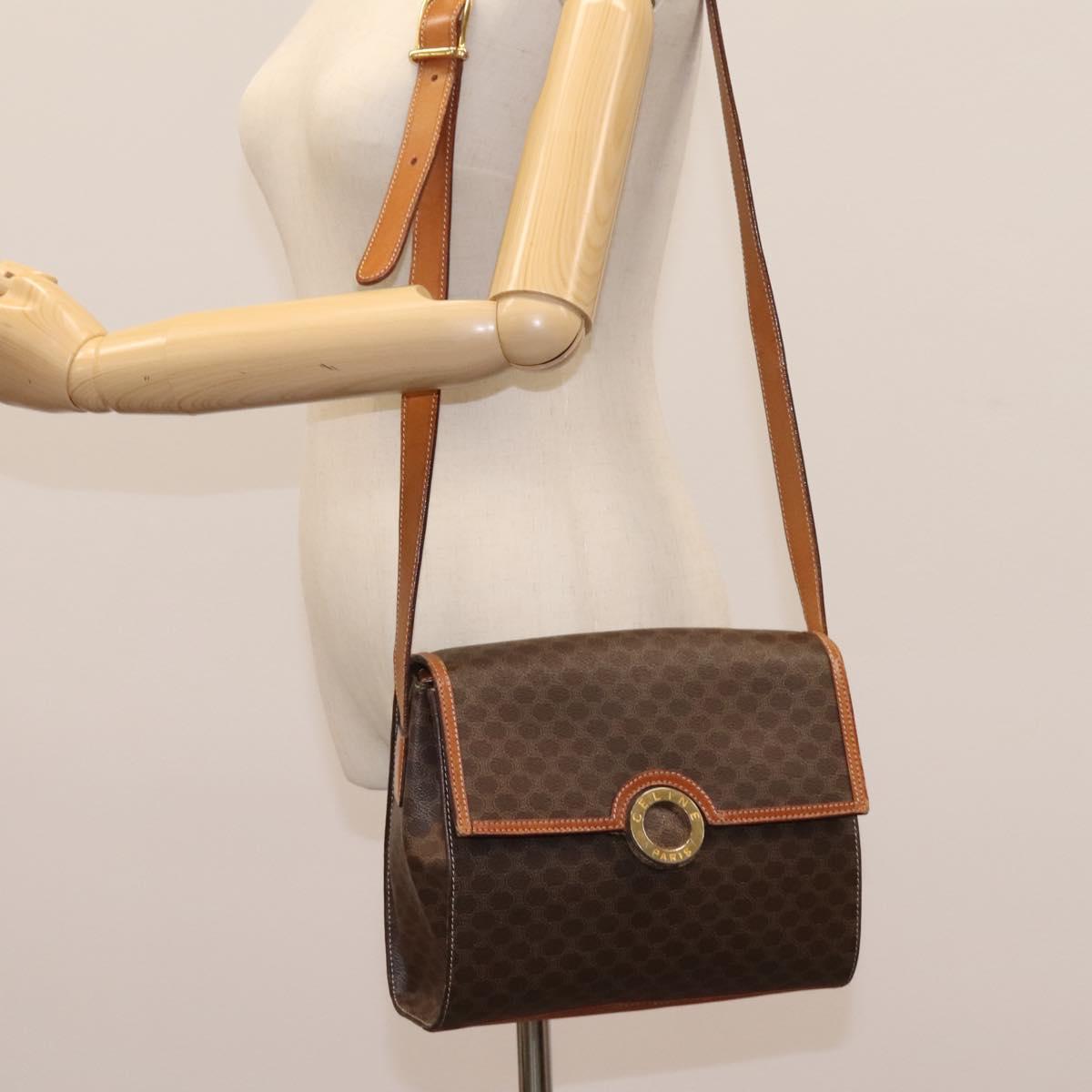 CELINE Macadam Canvas Shoulder Bag PVC Leather Brown Gold Auth EC038