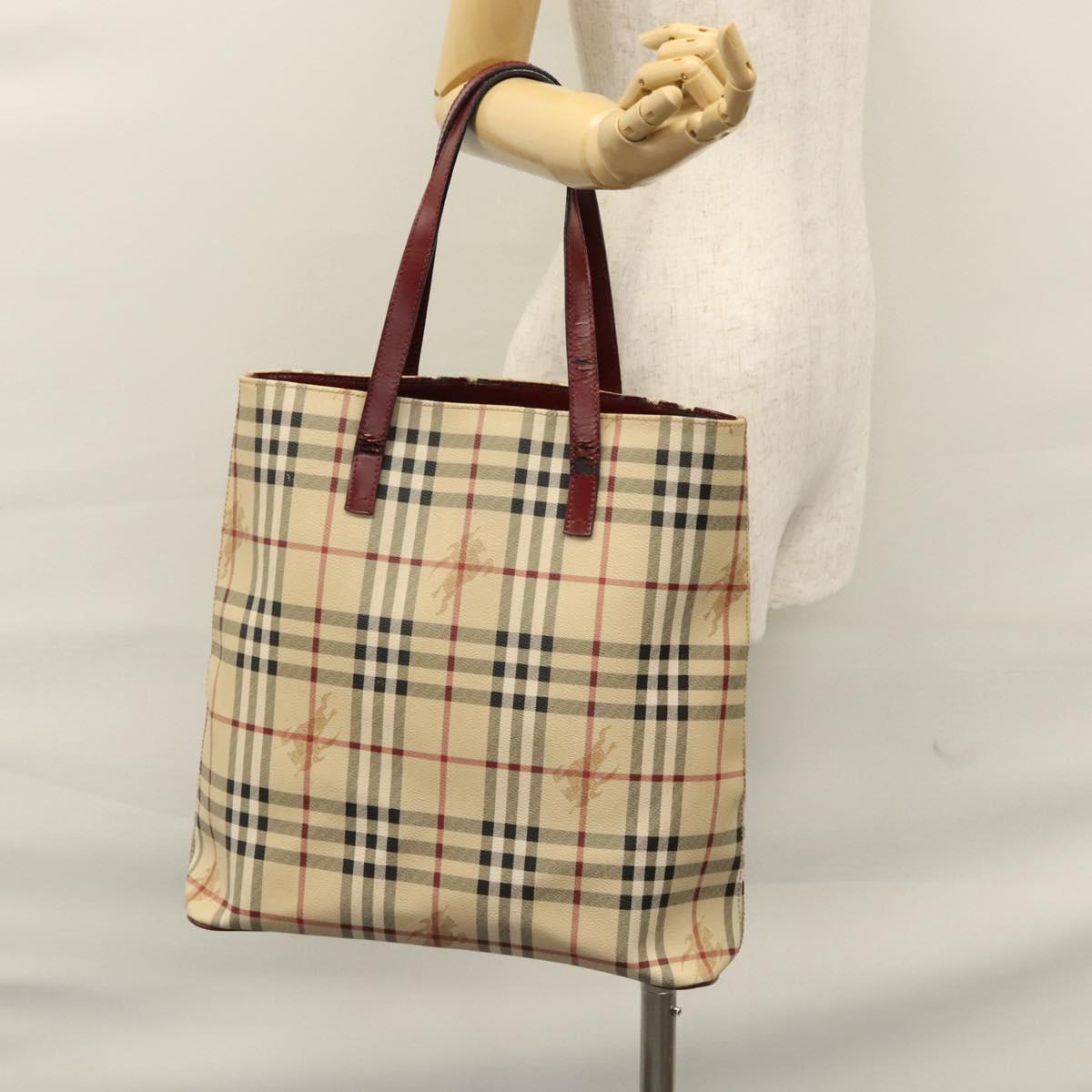BURBERRY Nova Check Shoulder Bag PVC Beige Wine Red Silver Auth EC077