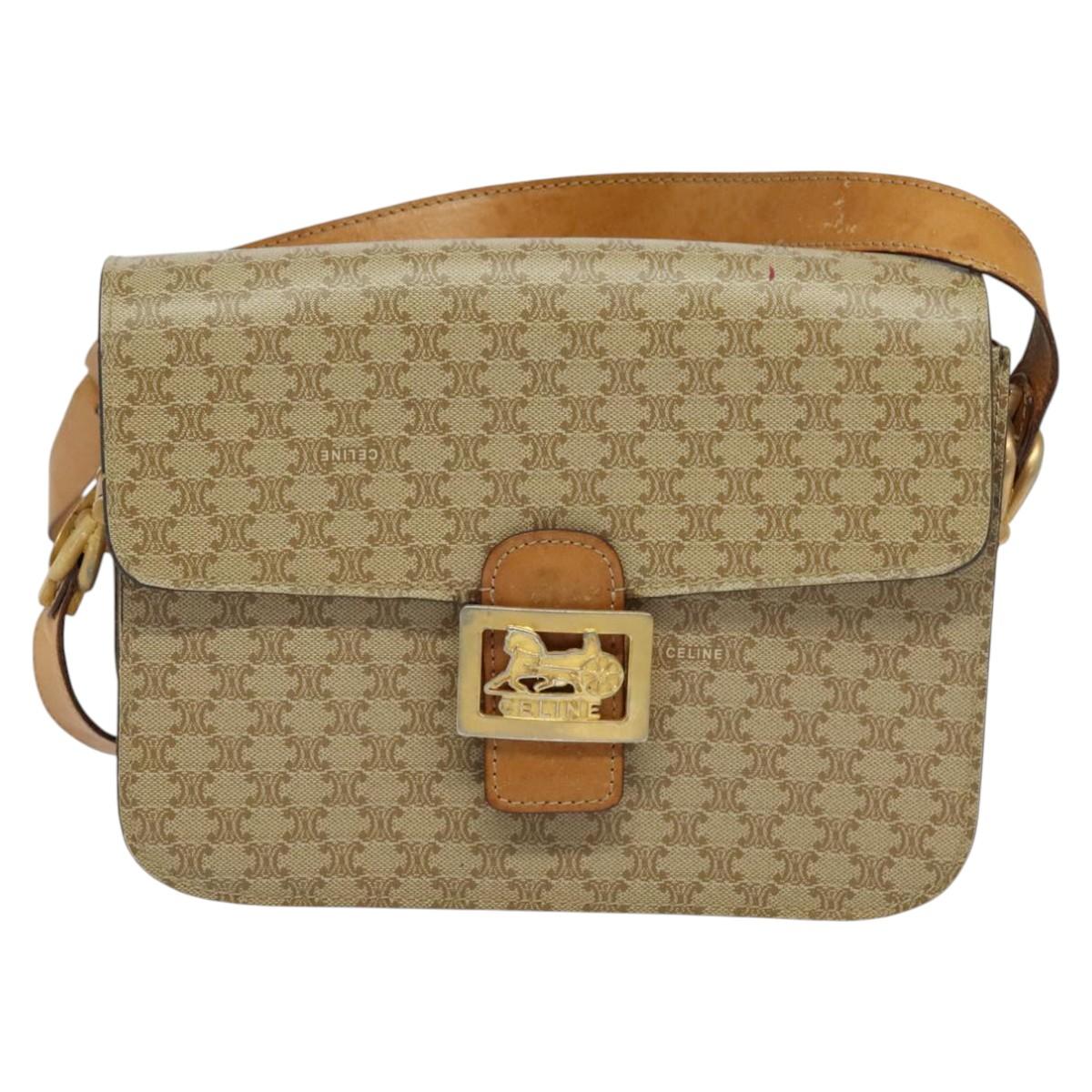 CELINE Macadam Canvas Horse Carriage Shoulder Bag Beige Gold Auth EC1008