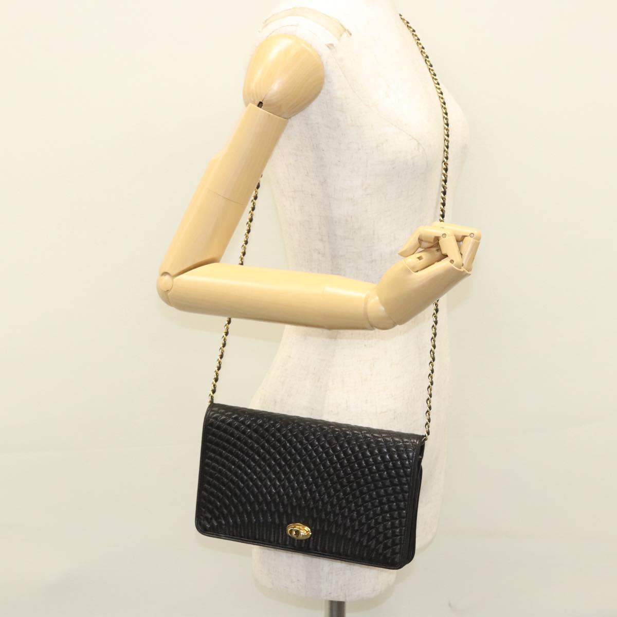 BALLY Chain Shoulder Bag Leather Black Gold Auth EC1031