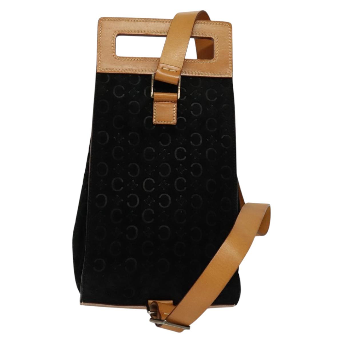 CELINE C Macadam Canvas Shoulder Bag Suede Black Auth EC226