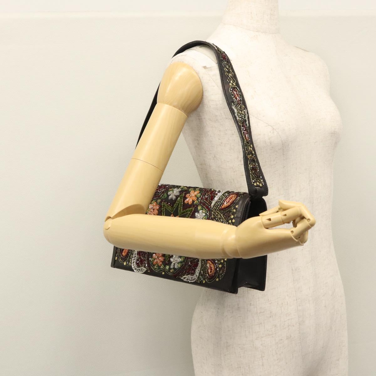 Salvatore Ferragamo Shoulder Bag beads Black Auth EC288V