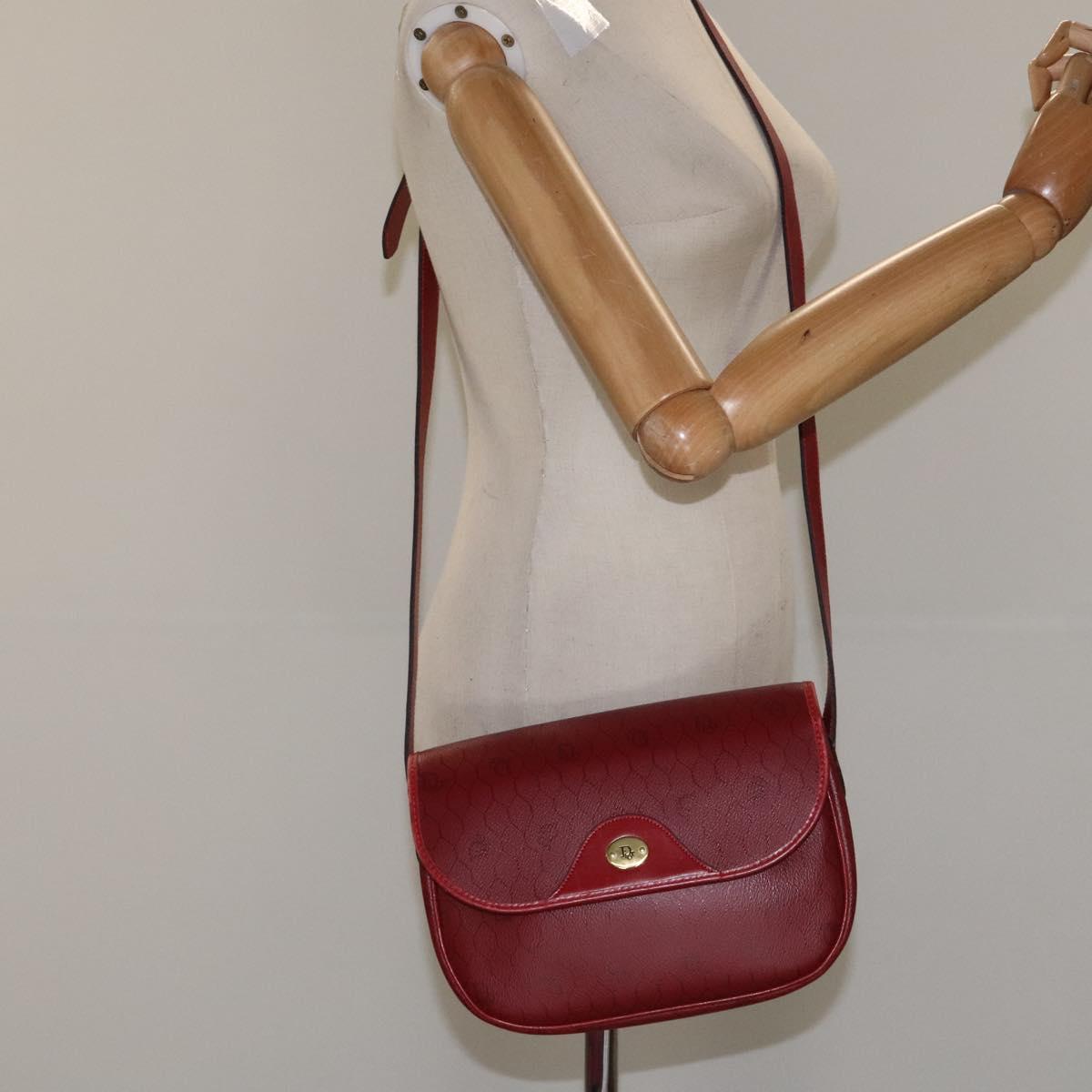 Christian Dior Honeycomb Canvas Shoulder Bag PVC Leather Red Gold Auth EC300
