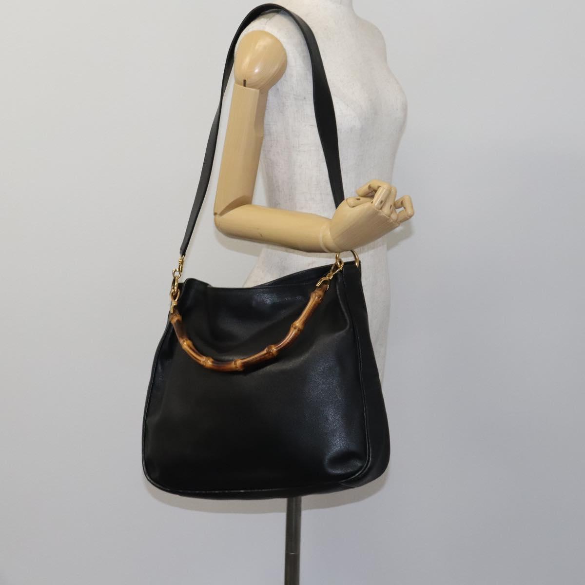 GUCCI Bamboo Hand Bag Leather 2way Black Gold 001 1577 Auth EC403