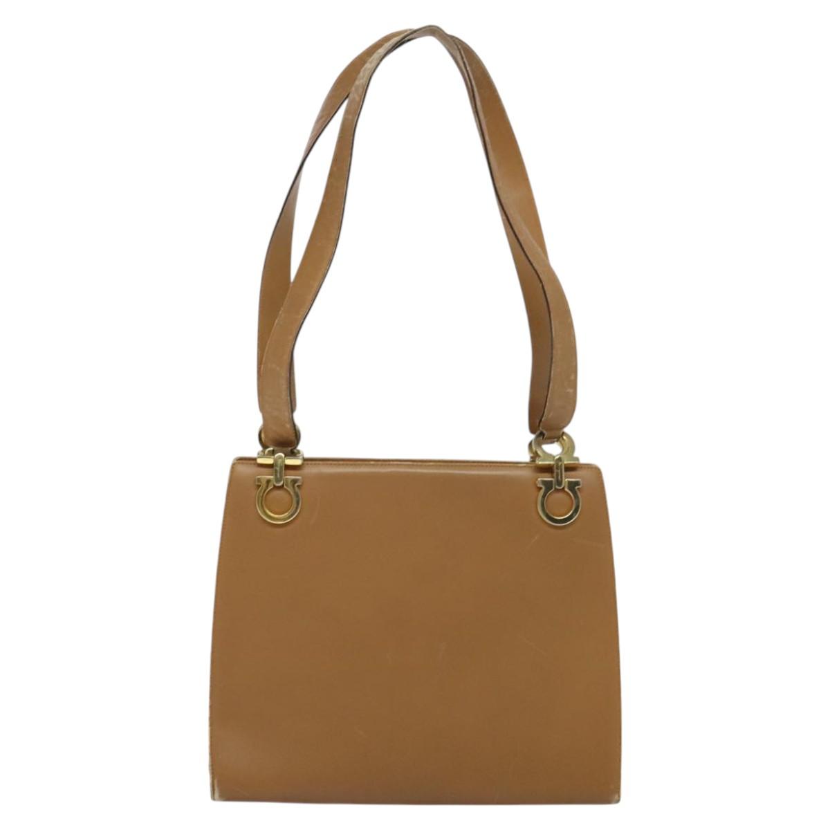 Salvatore Ferragamo Gancini Shoulder Bag Leather Beige Gold Auth EC442