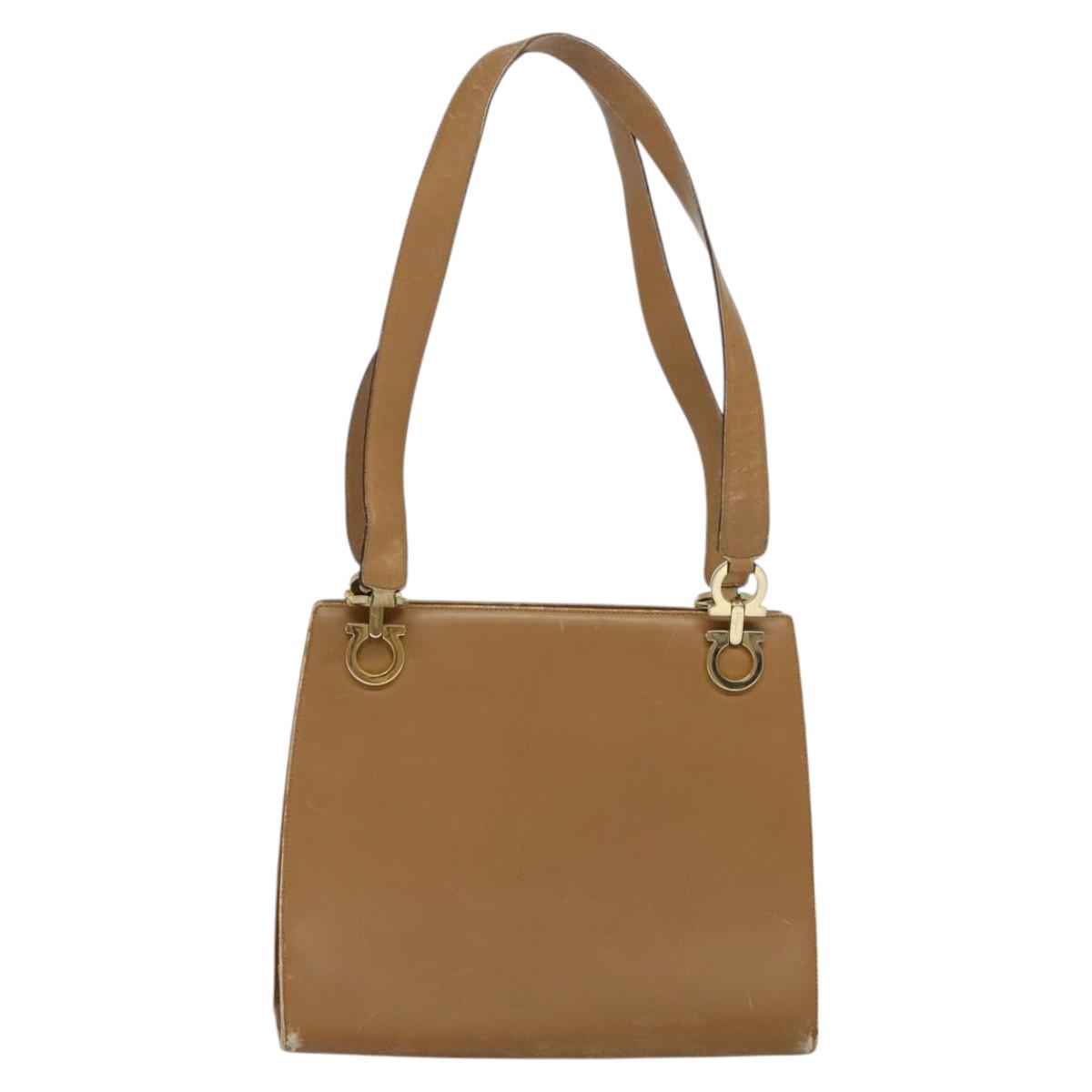 Salvatore Ferragamo Gancini Shoulder Bag Leather Beige Gold Auth EC442