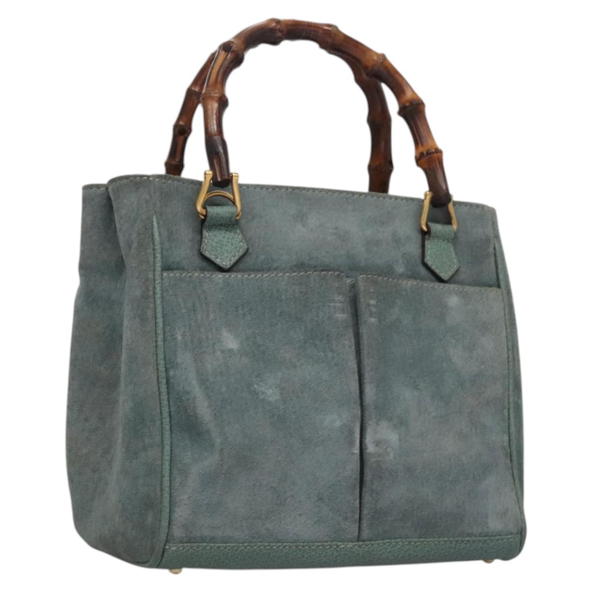 GUCCI Bamboo Hand Bag Suede Leather Gray Gold 000 123 0316 Auth EC460