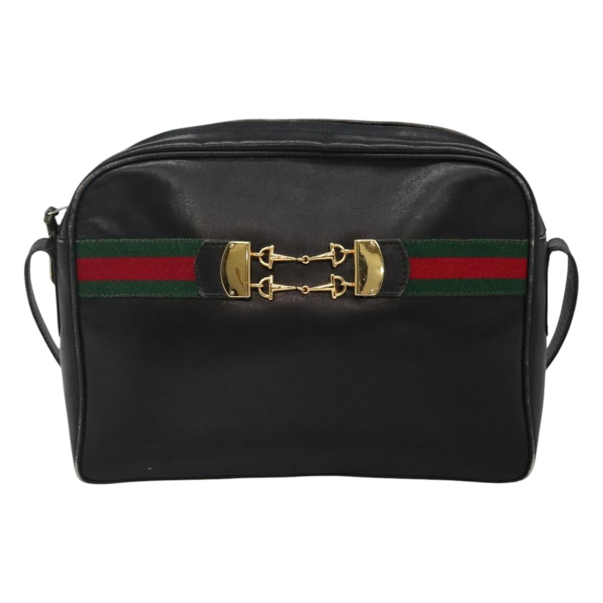 GUCCI Web Sherry Line Shoulder Bag Leather Black Red Green Auth EC493