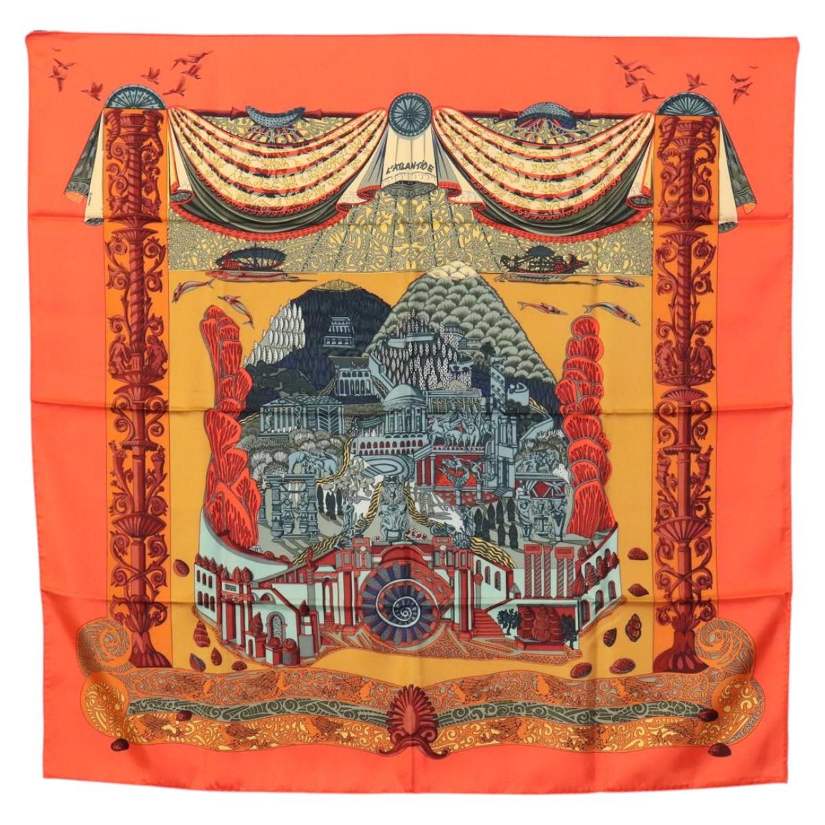 HERMES Carre 90 Scarf ""L'Atlantide"" Silk Orange Auth EC513