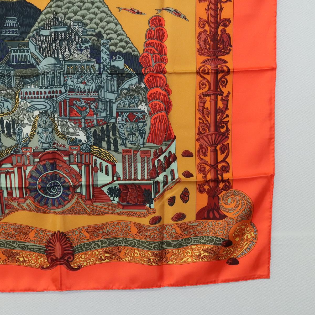 HERMES Carre 90 Scarf ""L'Atlantide"" Silk Orange Auth EC513