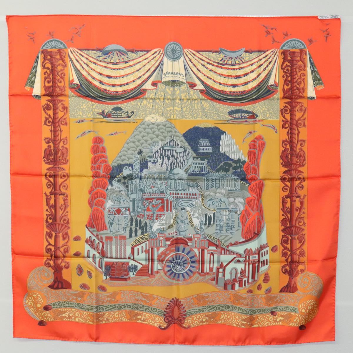 HERMES Carre 90 Scarf ""L'Atlantide"" Silk Orange Auth EC513