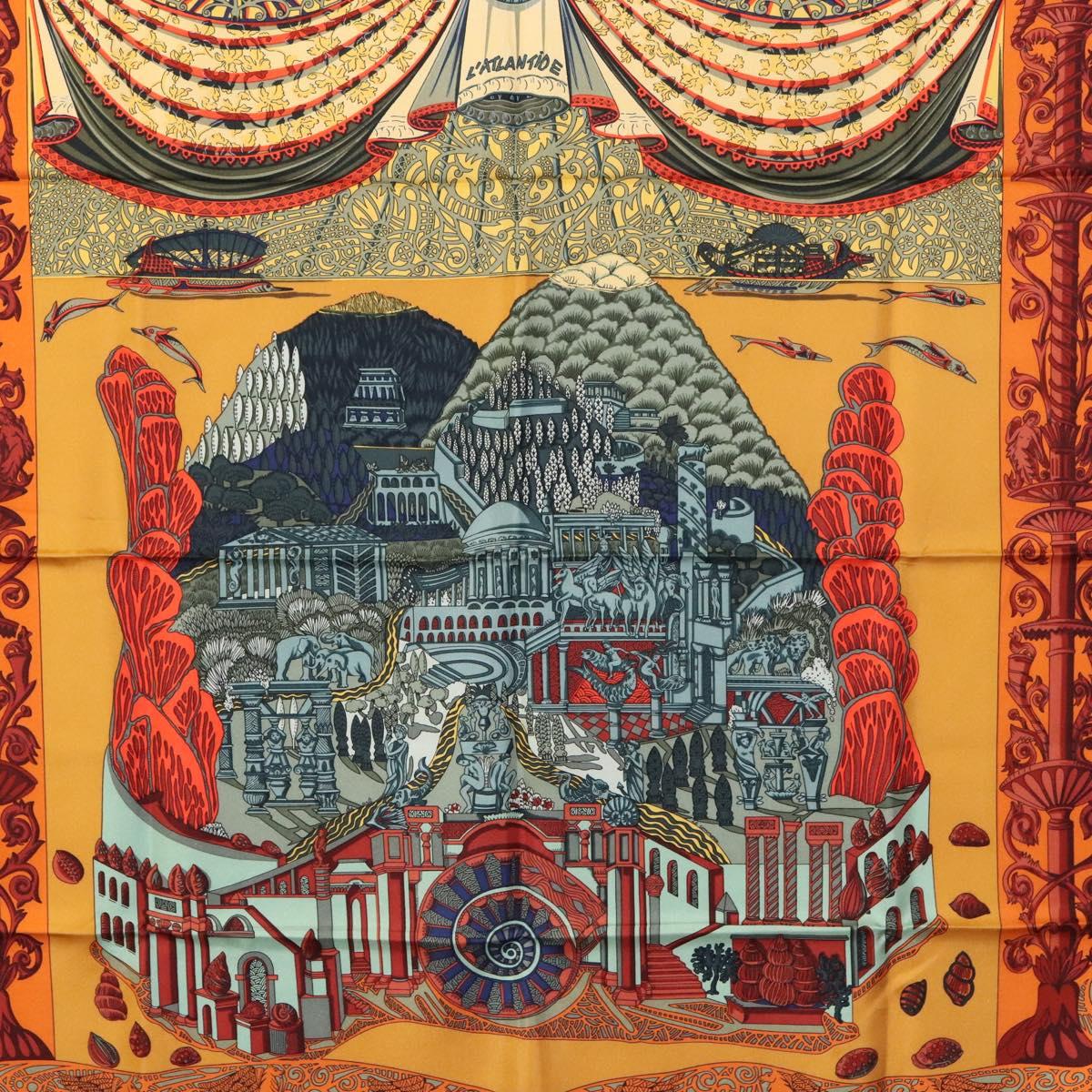 HERMES Carre 90 Scarf ""L'Atlantide"" Silk Orange Auth EC513