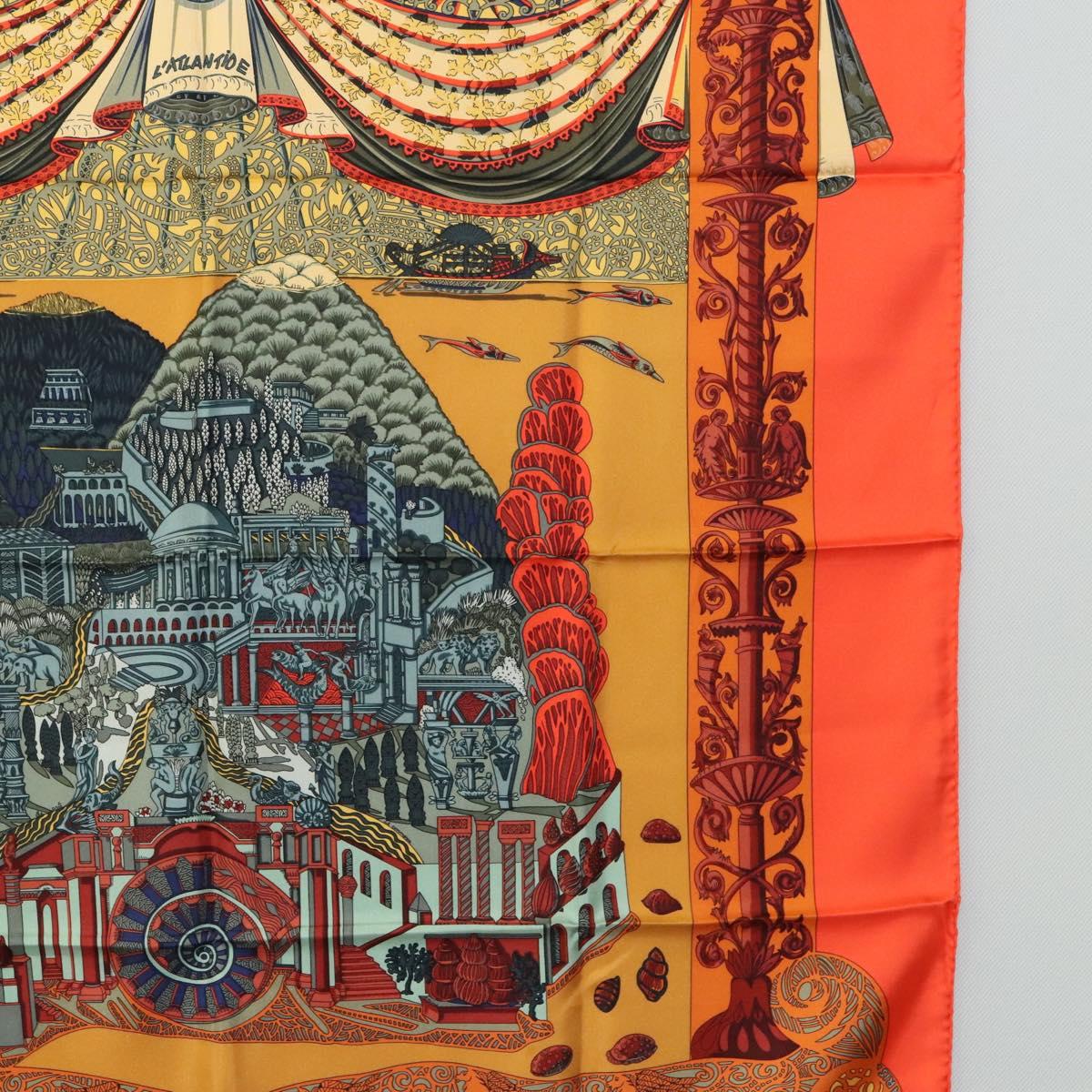 HERMES Carre 90 Scarf ""L'Atlantide"" Silk Orange Auth EC513