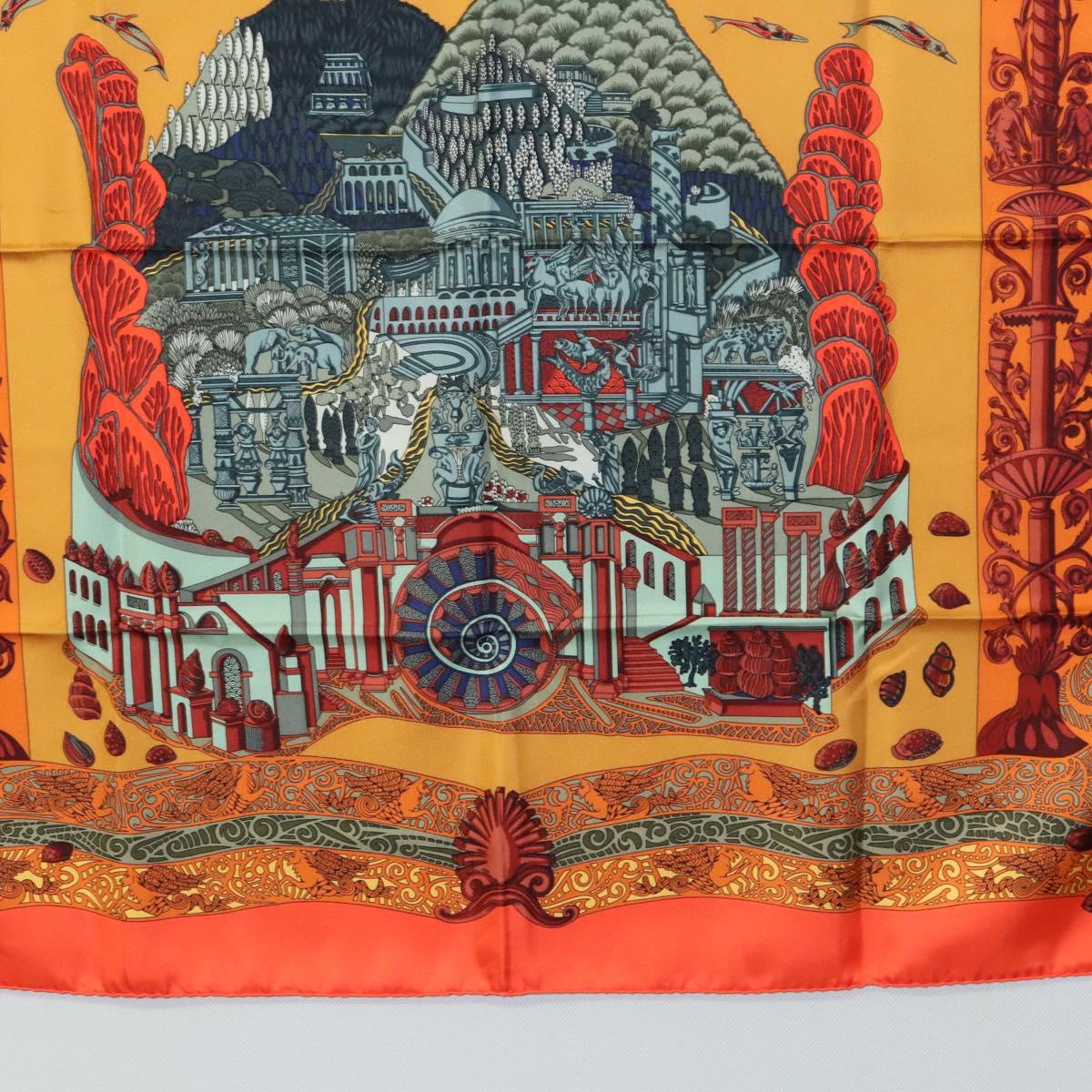 HERMES Carre 90 Scarf ""L'Atlantide"" Silk Orange Auth EC513