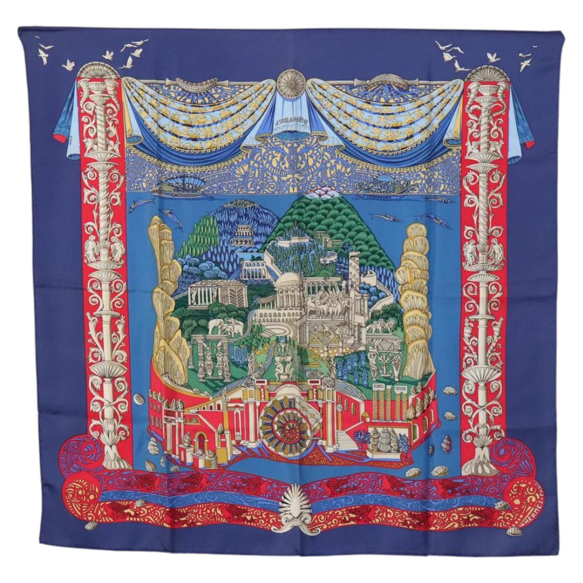 HERMES Carre 90 Scarf ""L'Atlantide"" Silk Blue Auth EC514