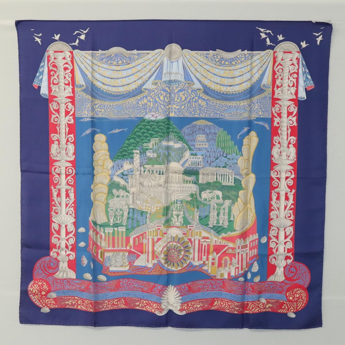 HERMES Carre 90 Scarf ""L'Atlantide"" Silk Blue Auth EC514