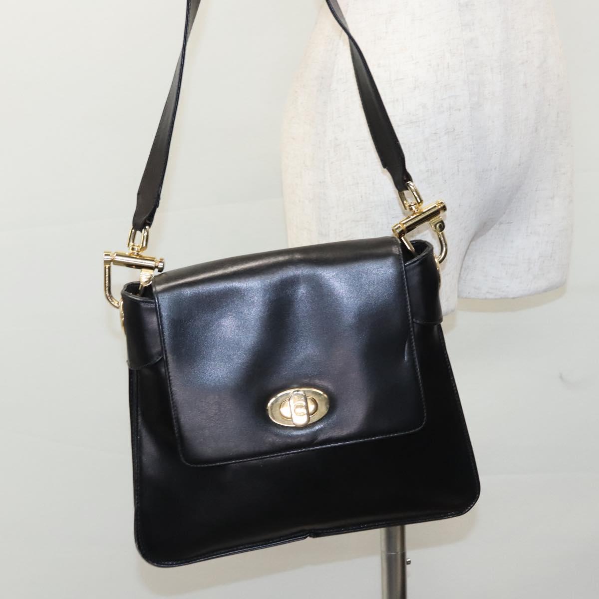 CELINE Shoulder Bag Leather Black Gold Auth EC517