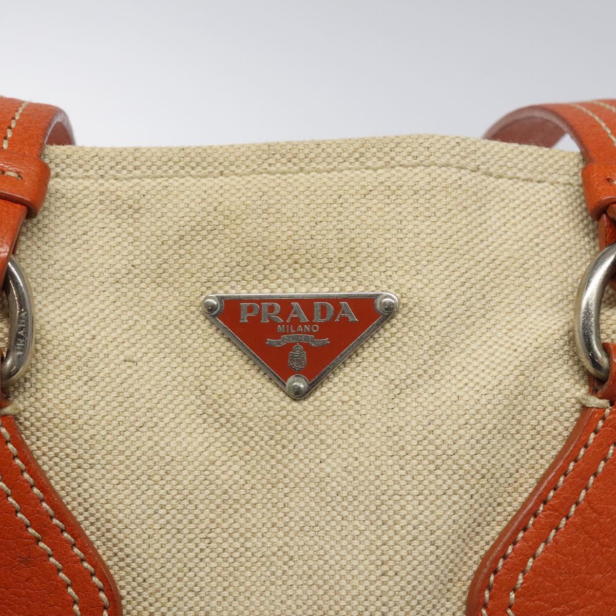 PRADA Hand Bag Canvas Beige Silver Auth EC559