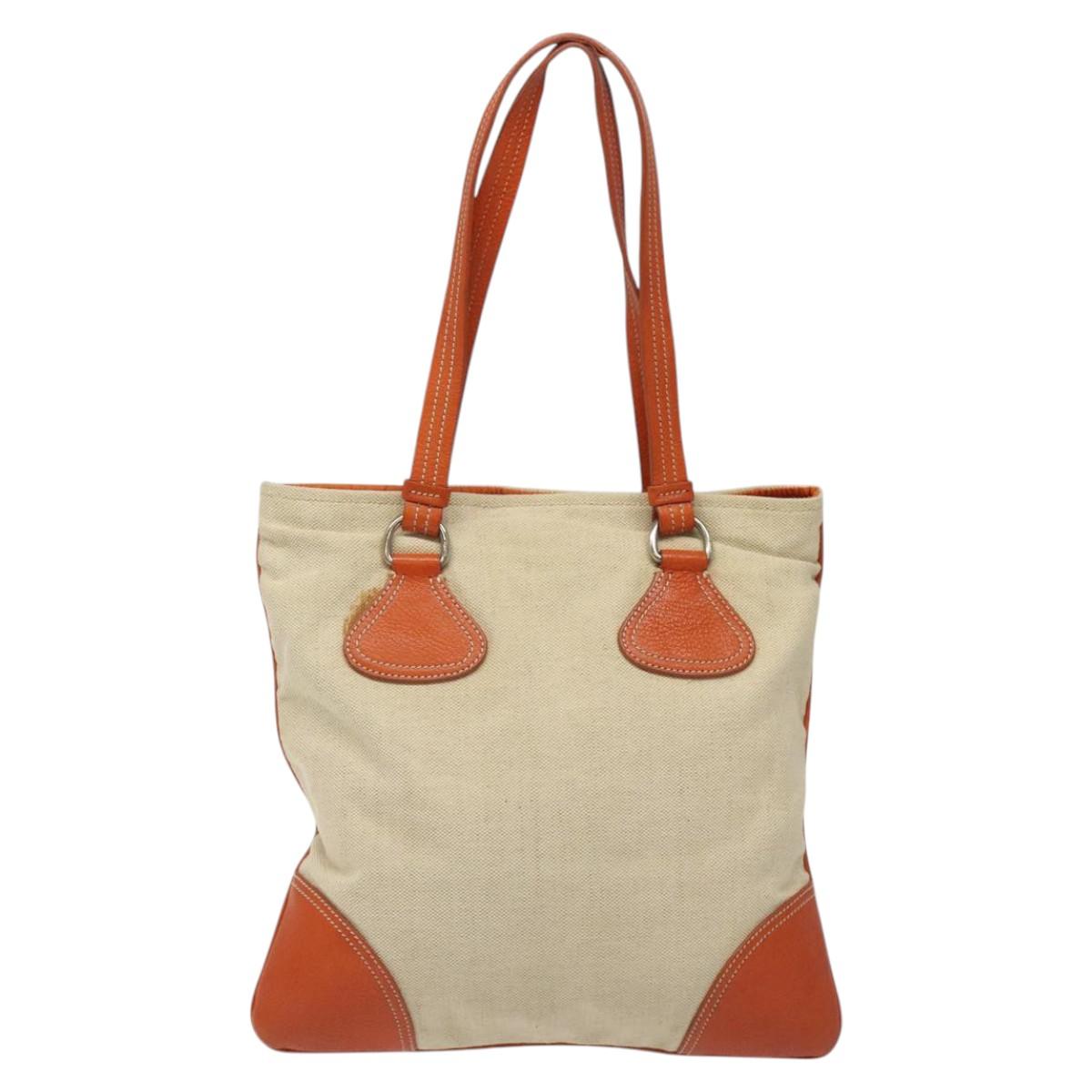 PRADA Hand Bag Canvas Beige Silver Auth EC559