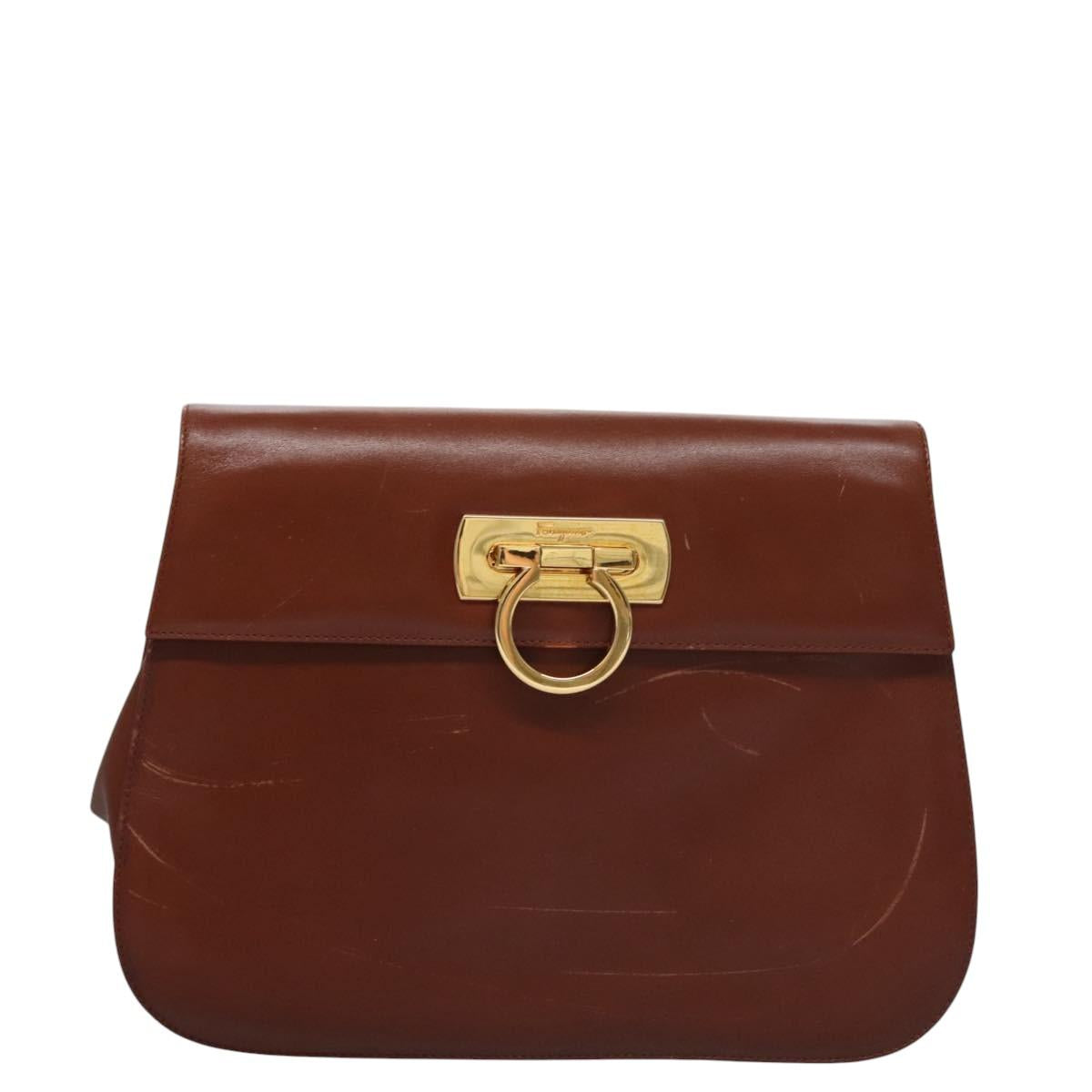 Salvatore Ferragamo Gancini Shoulder Bag Leather Brown Gold Auth EC575
