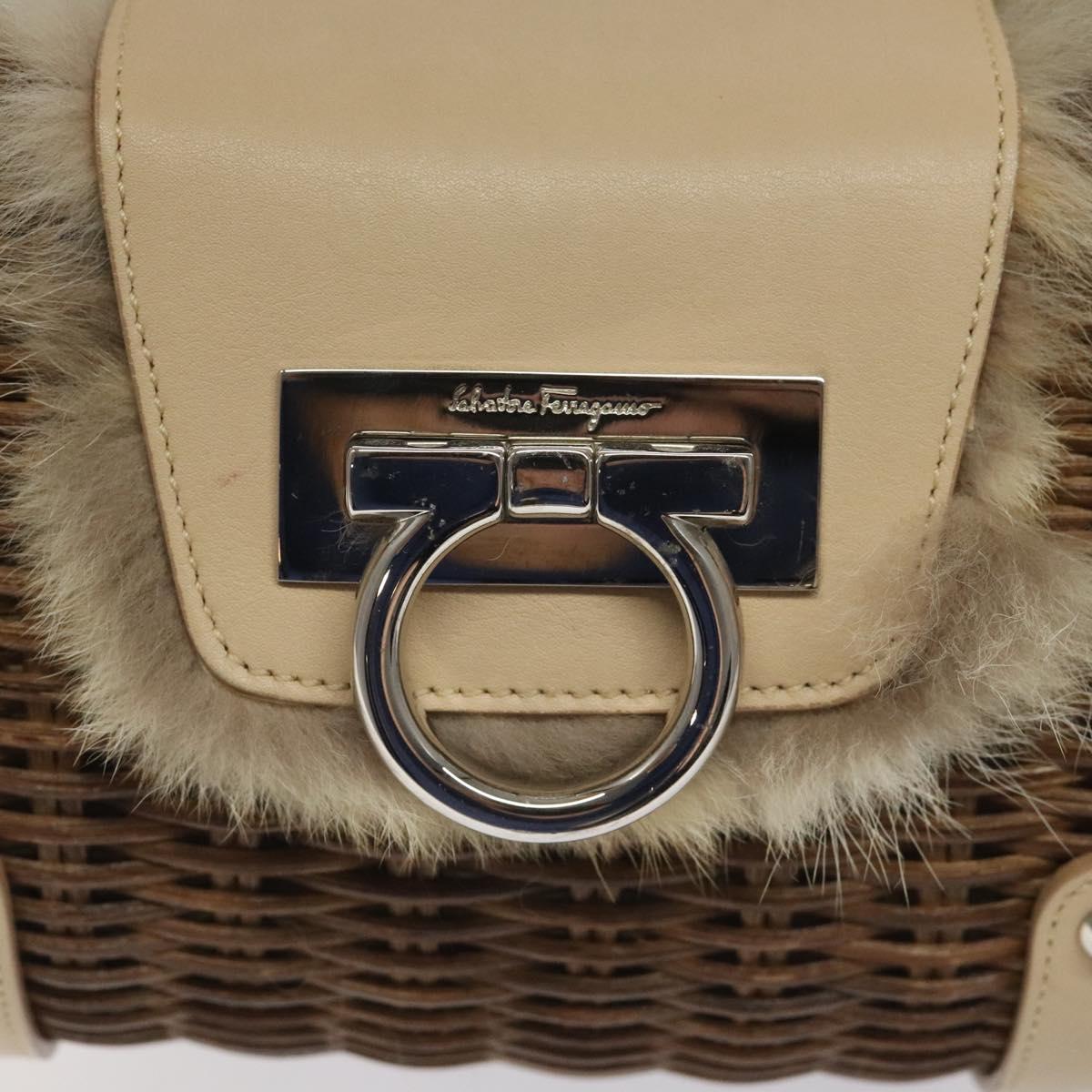 Salvatore Ferragamo Gancini Shoulder Bag Rattan Beige Silver Auth EC583