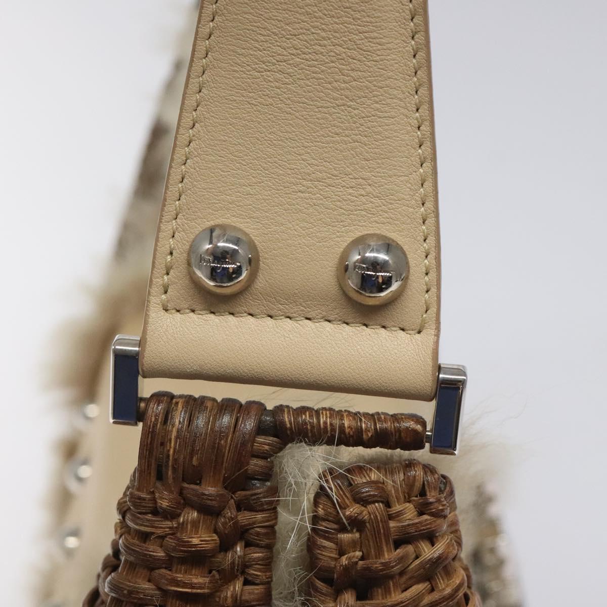 Salvatore Ferragamo Gancini Shoulder Bag Rattan Beige Silver Auth EC583